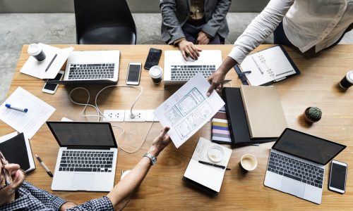 Group of people working on website template